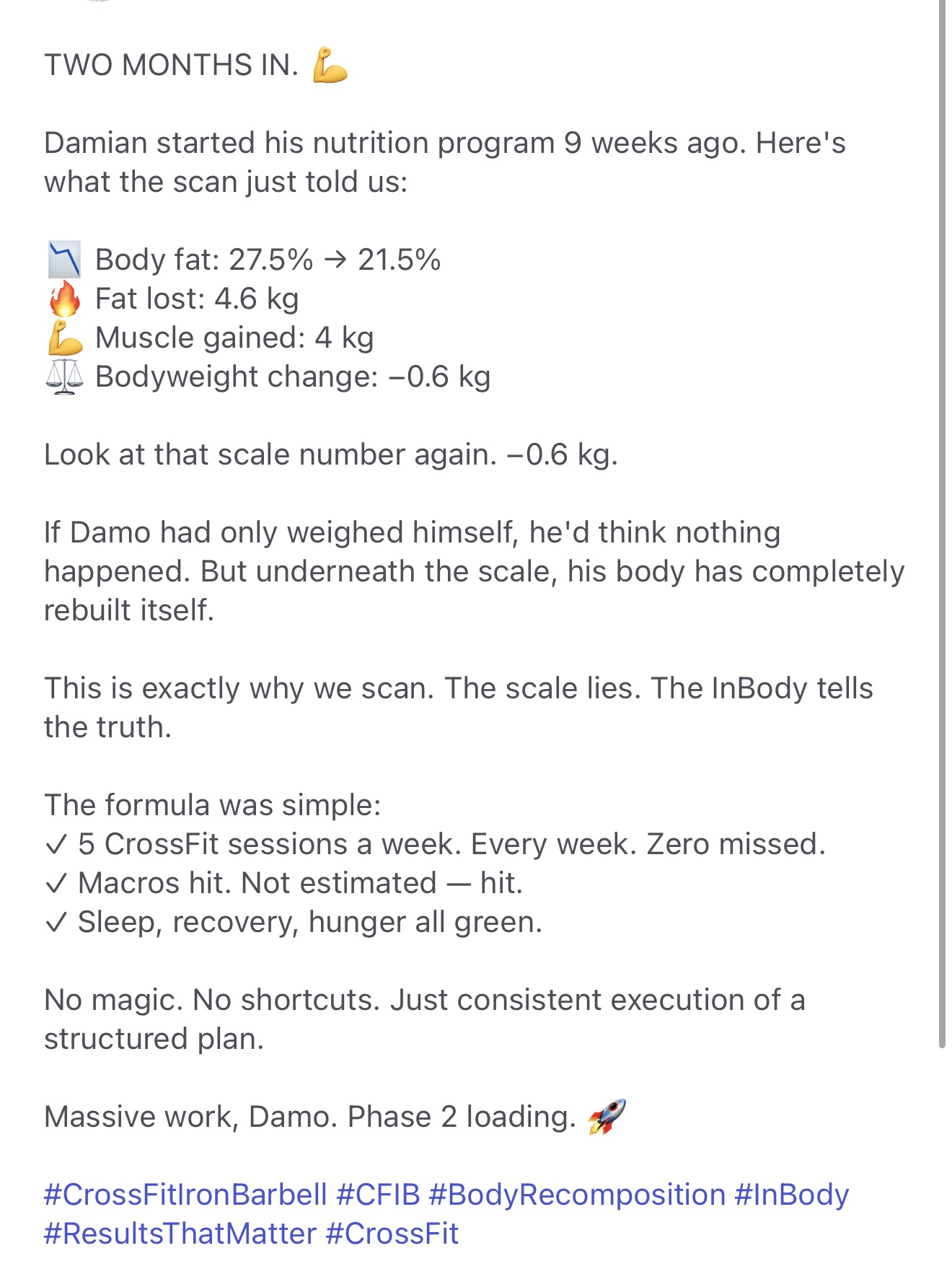 Update for Damian: 9 weeks into his nutrition program, body fat down from 27.5% to 21.5%, 4.6kg fat lost, 4kg muscle gained, bodyweight down just 0.6kg.
